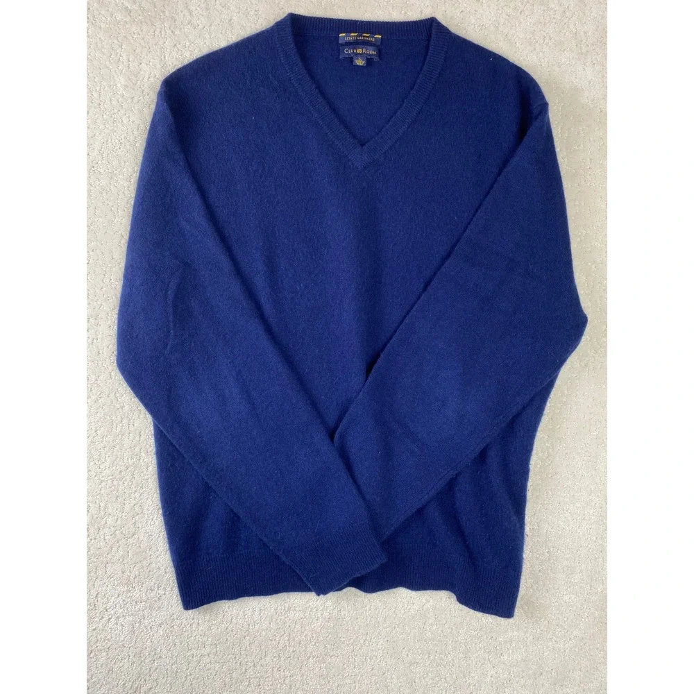 Club Room Estate Cashmere Sweater Mens L Royal Blue V-Neck 100% Cashmere‎ Knit